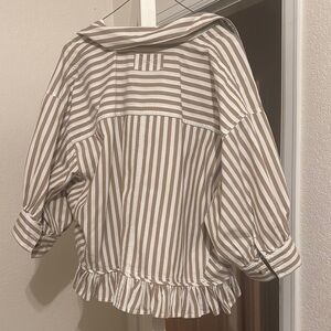 We The Free Beige and White Striped Ruffle-Hem Button-Down